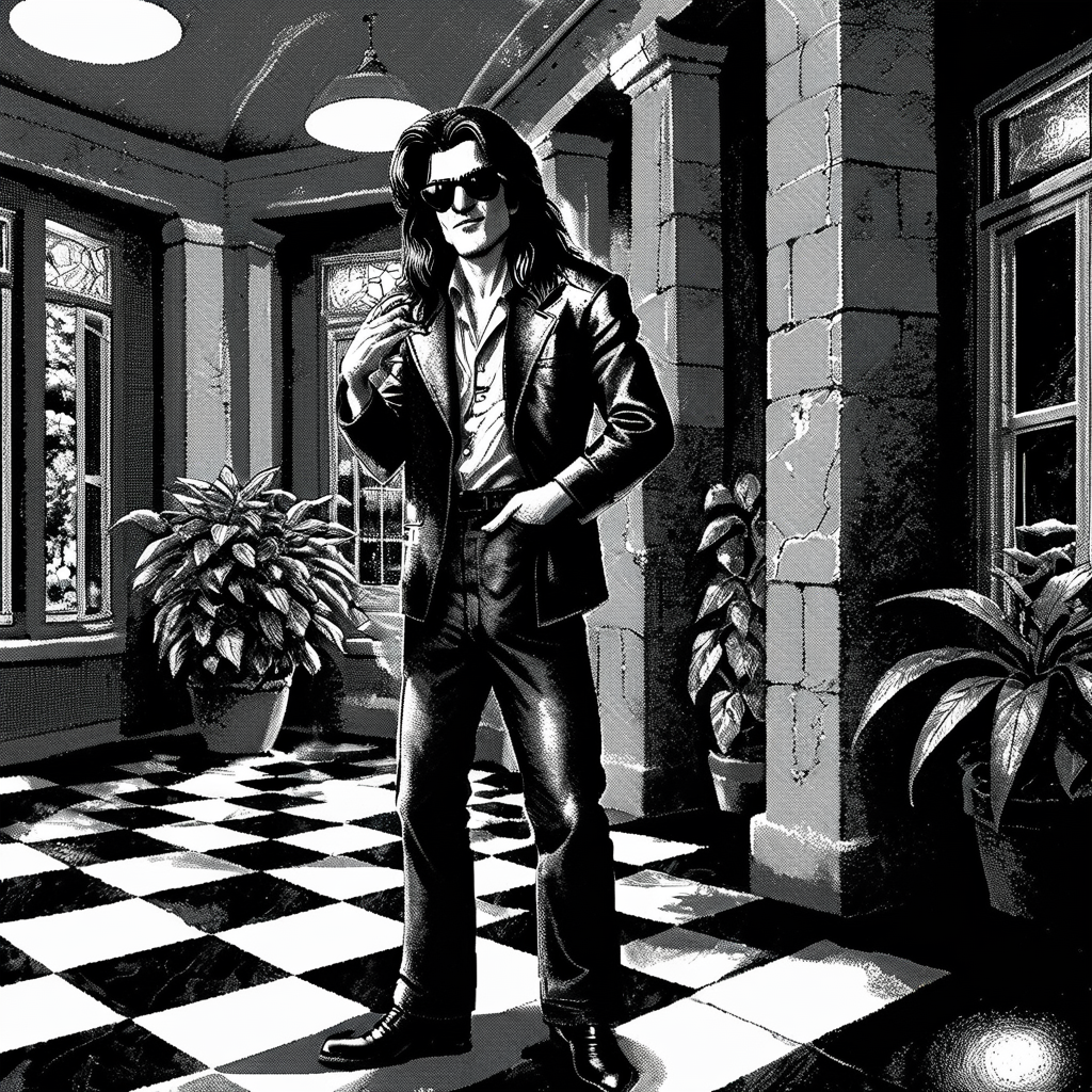 02772-1089658659-_lora_Macpaint-XL-000034_1_, Macpaint, portrait of a long haired rocker man with sunglasses standing in a room at night with win.png